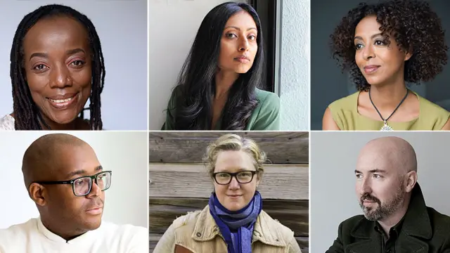 The shortlisted authors (clockwise from top left): Tsitsi Dangarembga, Avni Doshi, Maaza Mengiste, Douglas Stuart, Diane Cook and Brandon Taylor.