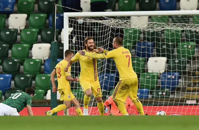 Romania celebrate goal against N Ireland