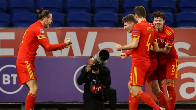 Wales celebrate winning goal versus ROI in last match