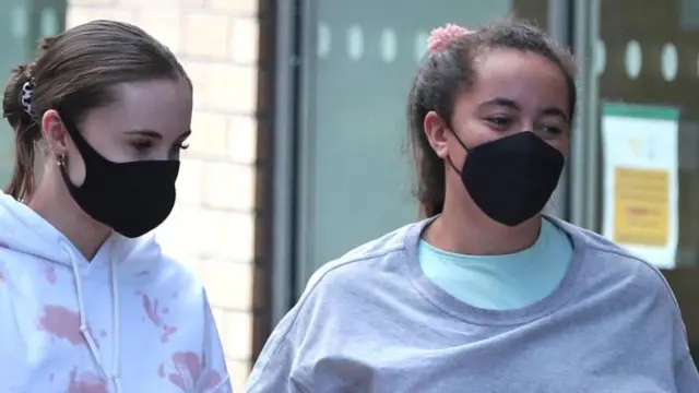 Two young women wearing face masks