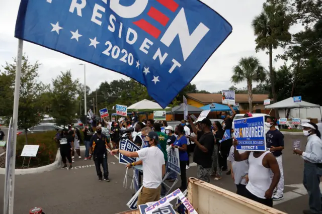 A Biden flag waves