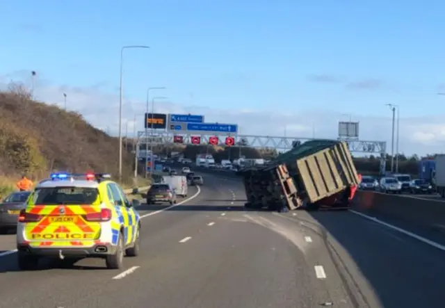 Lorry on its side on M62