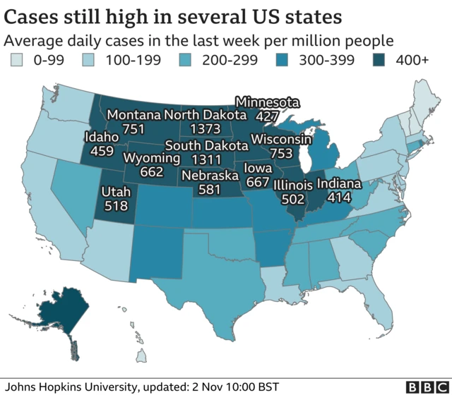 Map showing where cases are high in the US