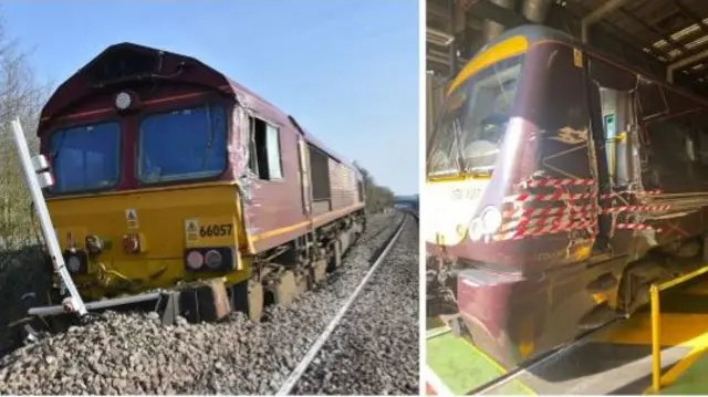 The derailed locomotive and the damaged passenger train