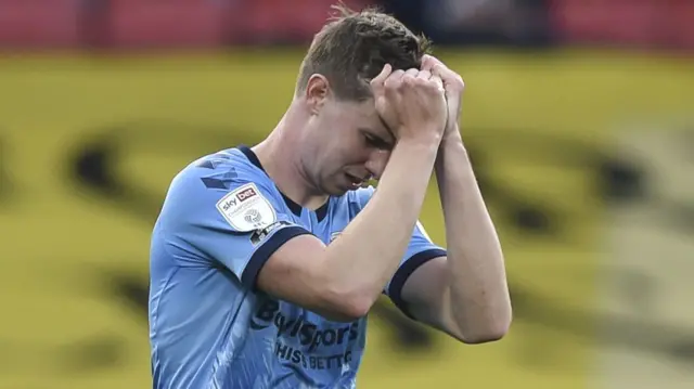 Coventry's Ben Sheaf reacts to missing a chance