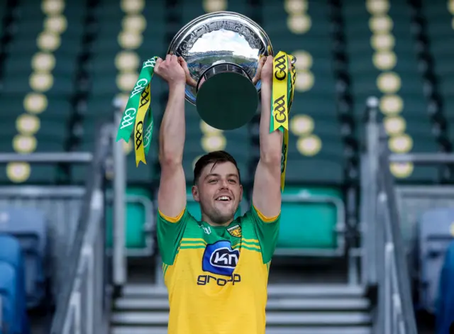 Donegal's Sean McVeigh lifts the Nicky Rackard cup