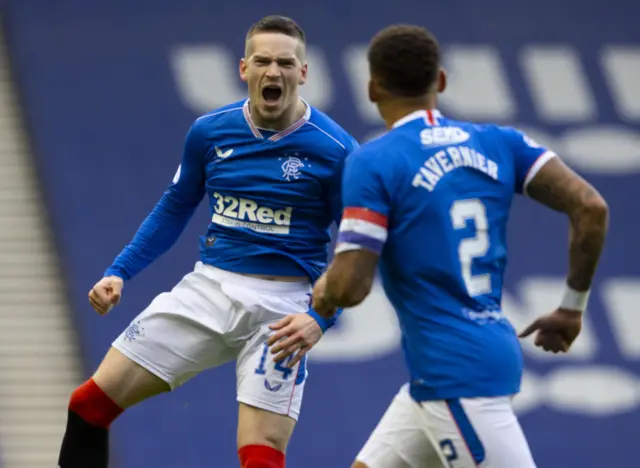 Ryan Kent (left) celebrates giving Rangers the lead