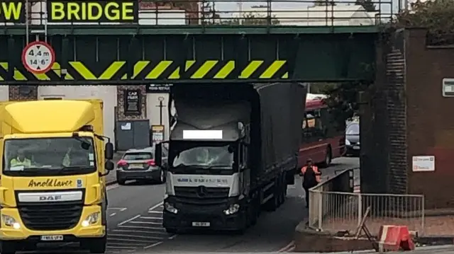 A lorry after hitting the bridge