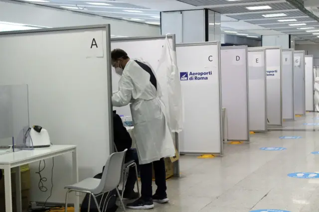 Booths for quick Covid-19 tests at Fiumicino Airport, Rome, Italy, 13 November 2020