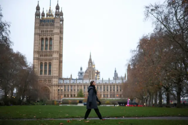 Woman walks in front of the Houses of Parliament in Westminster, London