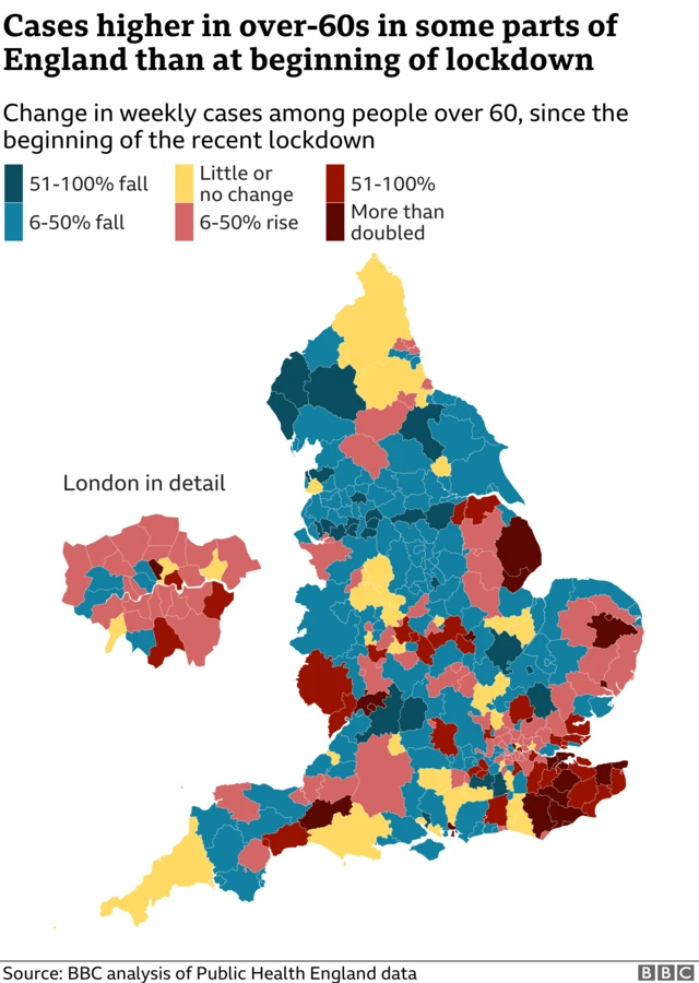 Map showing the change in weekly cases among people over 60 since the beginning of the recent lockdown