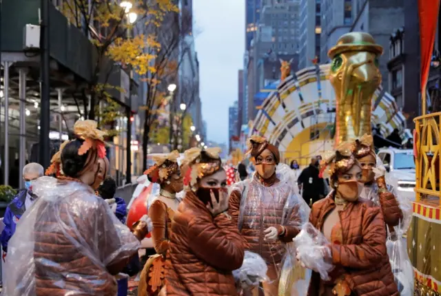 Participants gather ahead of the 94th Macy's Thanksgiving Day Parade, closed to the spectators