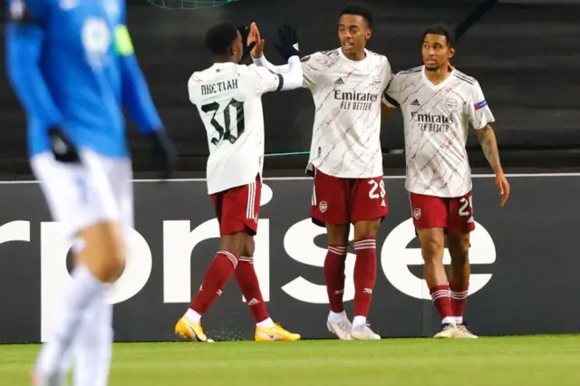 Arsenal celebrate Reiss Nelson's goal