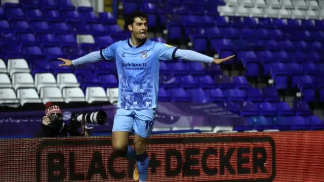 Coventry City"s Tyler Walker celebrates scoring the goal