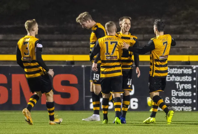 Alloa celebrate Alan Trouten's converted spot-kick