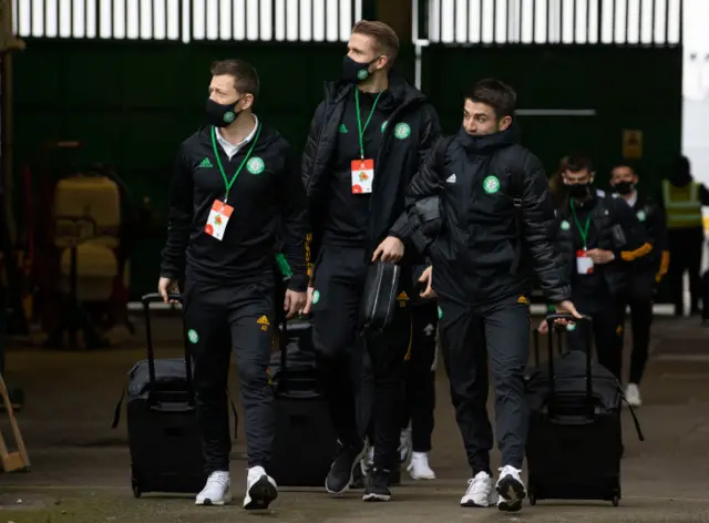 Celtic's Callum McGregor, Kristoffer Ajer and Greg Taylor