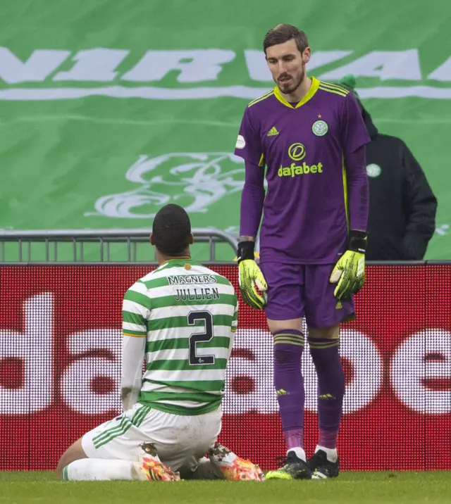 Celtic's Christopher Jullien is left on his knees after conceding a first-half penalty