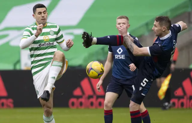 Tom Rogic and Ross County's Callum Morris battle for possession