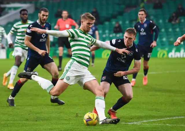 Kristoffer AJer takes a shot at goal for Celtic