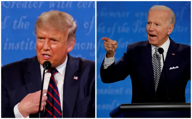 A combination picture shows U.S. President Donald Trump and Democratic presidential nominee Joe Biden speaking during the first 2020 presidential campaign debate.