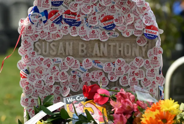 The grave of women"s suffrage leader Susan B. Anthony is covered with "I Voted" stickers left by voters in the U.S. presidential election, at Mount Hope Cemetery in Rochester, New York, 8 November, 2016