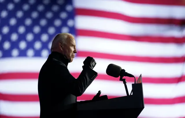 Democratic U.S. presidential nominee and former Vice President Joe Biden speaks during a drive-in campaign rally at Heinz Field in Pittsburgh, Pennsylvania, 2 November, 2020.