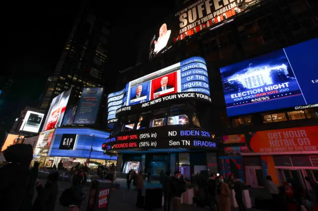 A view from Times Square is seen on the 2020 United States Presidential Election night in New York City, United States on November 3, 2020.