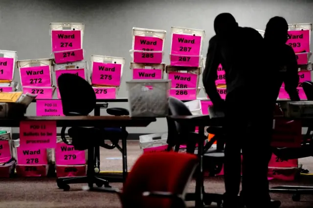 Empty boxes from Milwaukee's voting wards are seen the night of Election Day as absentee ballots are counted at Milwaukee Central Count in Milwaukee, Wisconsin, U.S. November 3, 2020.