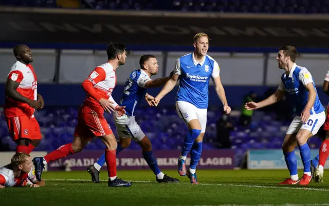 Marc Roberts celebrates for Birmingham