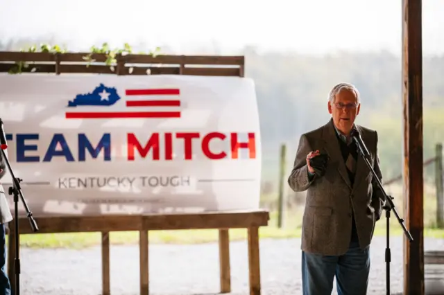 Senate Majority Leader Mitch McConnell stands and speaks to the press and his supporters during a campaign stop on October 28, 2020 in Smithfield, Kentucky.