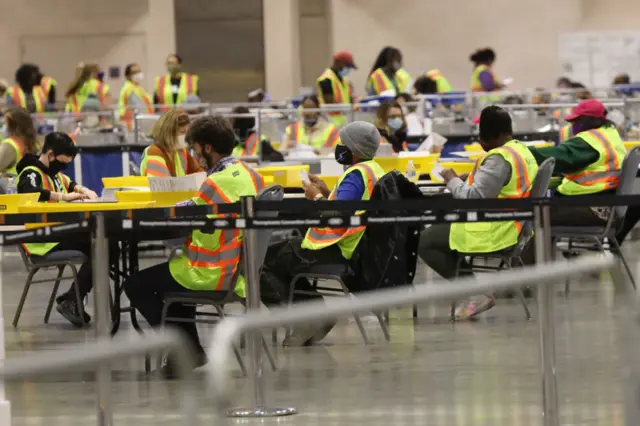 Election workers count ballots on November 03, 2020 in Philadelphia, Pennsylvania