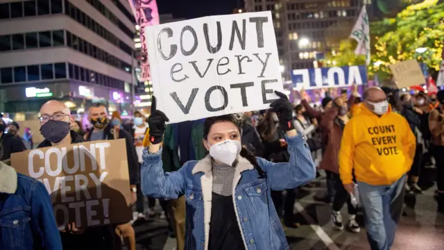 Demonstrators carrying "count every vote" signs rally outside City Hall in Philadelphia