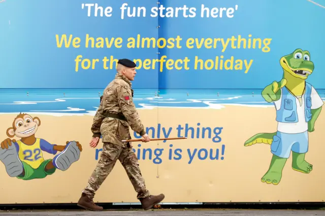 A solider walks around at Pontins