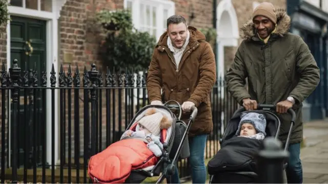 Men walking with prams