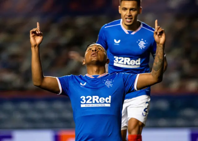 Rangers striker Alfredo Morelos celebrates his goal against Lech Poznan