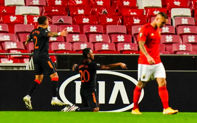 Alfredo Morelos celebrates his record-breaking goal in Lisbon