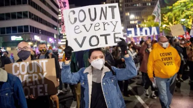 Demonstrators rally outside of City Hall about the 2020 Presidential election in Philadelphia, Pennsylvania, USA, 04 November, 2020