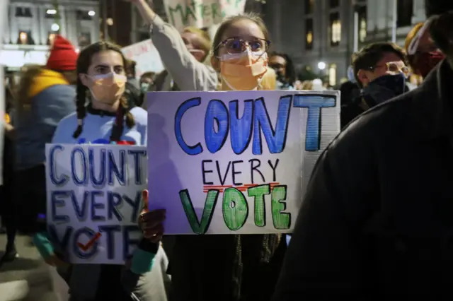 People participate in a protest in support of counting all votes as the election in Pennsylvania is still unresolved on November 04, 2020 in Philadelphia, Pennsylvania