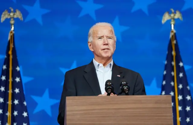 Democratic U.S. presidential nominee Joe Biden makes a statement on the 2020 U.S. presidential election results during a brief appearance before reporters in Wilmington, Delaware, U.S., November 5, 2020