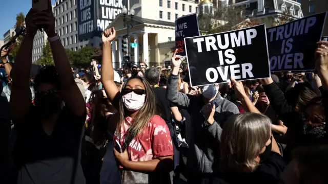 People react as media announce that Democratic U.S. presidential nominee Joe Biden has won the 2020 U.S. presidential election, on Black Lives Matter Plaza in Washington, U.S., November 7, 2020.