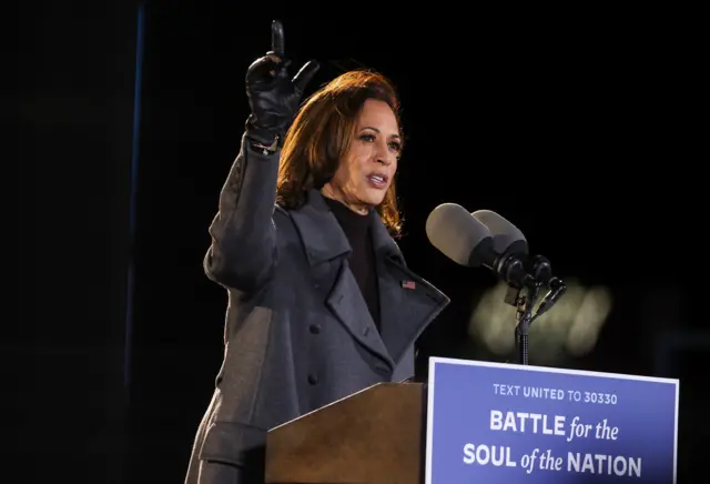 Democratic U.S. vice presidential candidate Kamala Harris gestures as she gives remarks during an event, in Philadelphia, Pennsylvania, November 2, 2020.