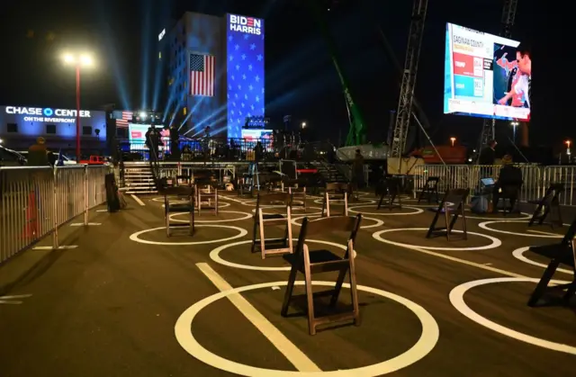 hairs are ready in circles for journalists to keep social distancing outside the Chase Center in Wilmington, Delaware on November 3, 2020