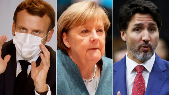 Emmanuel Macron, Angela Merkel and Justin Trudeau