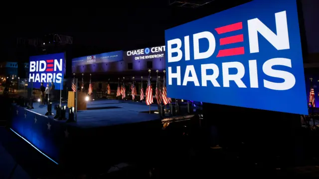 Stage in Wilmington, Delaware where Biden will address the nation