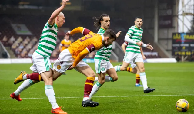 Callum Lang tumbles in the Celtic penalty area