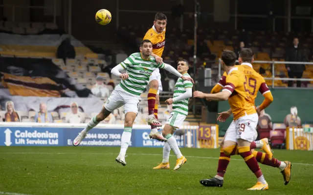 Declan Gallagher heads in Motherwell's goal at Fir Park