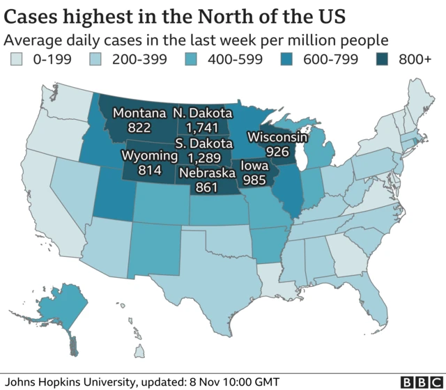 A graphic showing where the highest number of cases are in the US