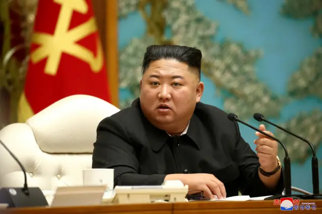 North Korean leader Kim Jong Un speaks during the 19th Meeting of the Political Bureau of the 7th Central Committee of the Workers" Party of Korea (WPK).