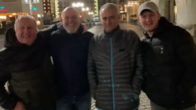 Dave Freeman, his son and mate Quinny with Tottenham manager Jose Mourinho