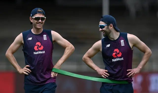 Mark Wood and Olly Stone in England training